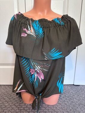 Apt.9 Khaki Tropical Print High Low, Off-the-shoulder Top with Front Tie, Size L